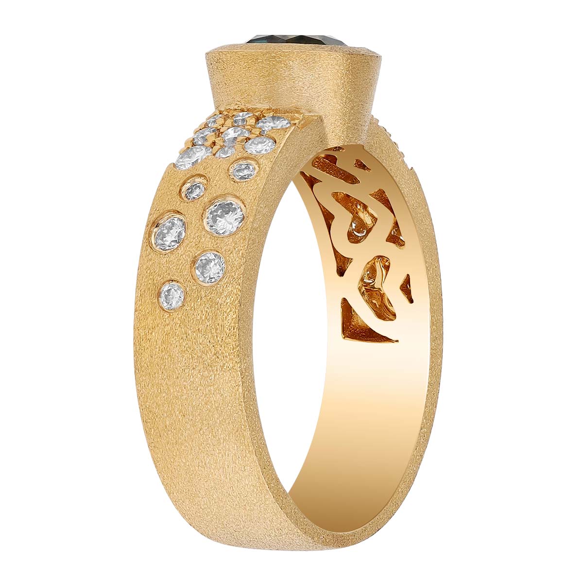 Bezel Set Oval Sapphire & Flush Set Diamond Ring in Yellow Gold