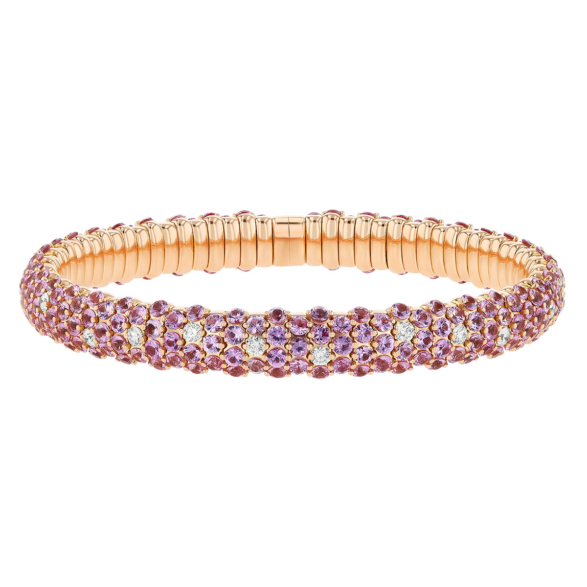 Zydo Pale Pink Sapphire & Diamond Pave Rounded Stretch Bracelet in Rose Gold