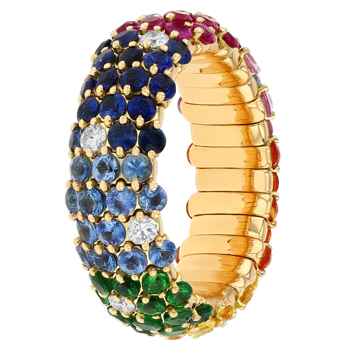 Zydo Multicolored Sapphire, Tsavorite Garnet & Diamond Rainbow Stretch Ring in Yellow Gold