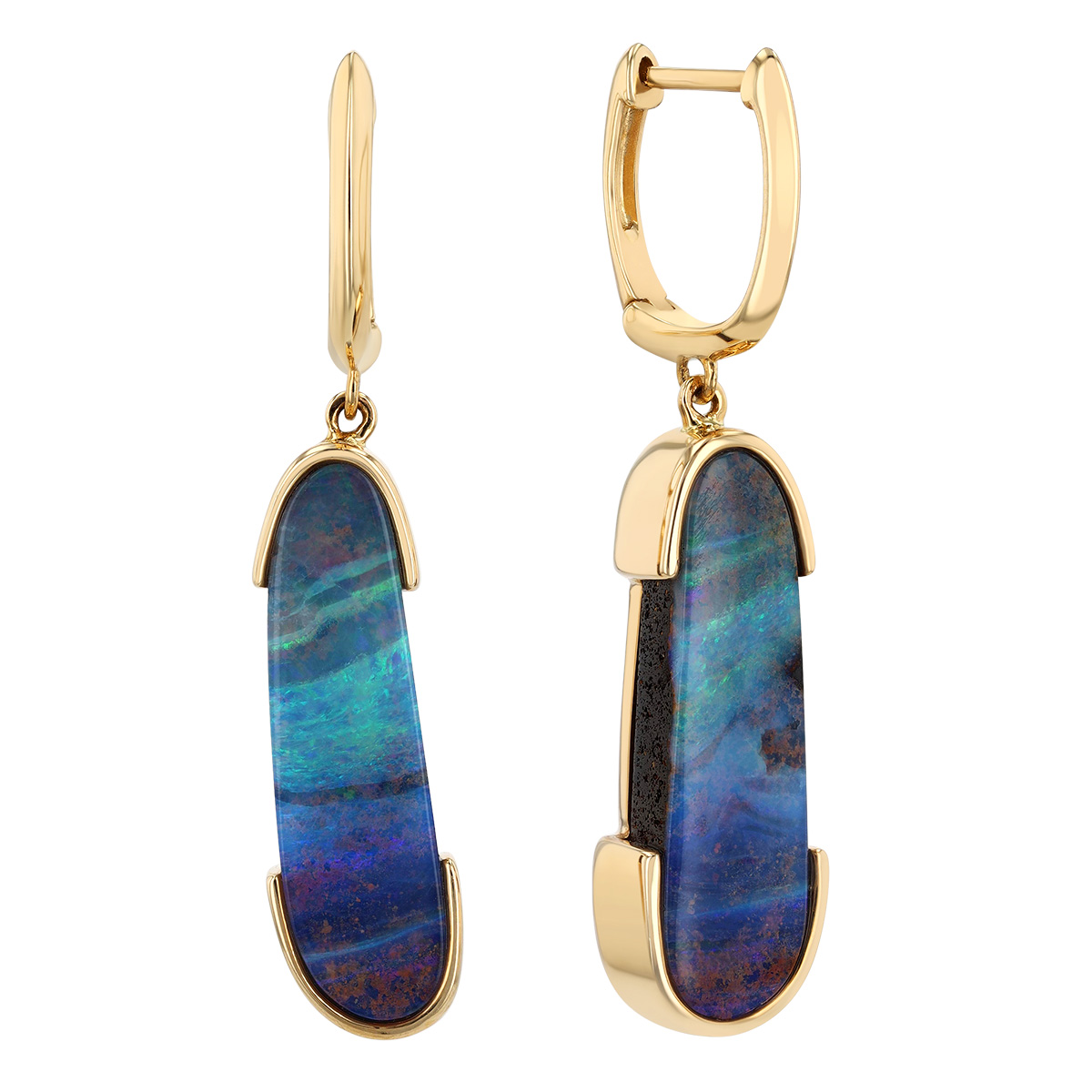 Boulder Opal Split Bezel Dangle Hoop Earrings in Yellow Gold