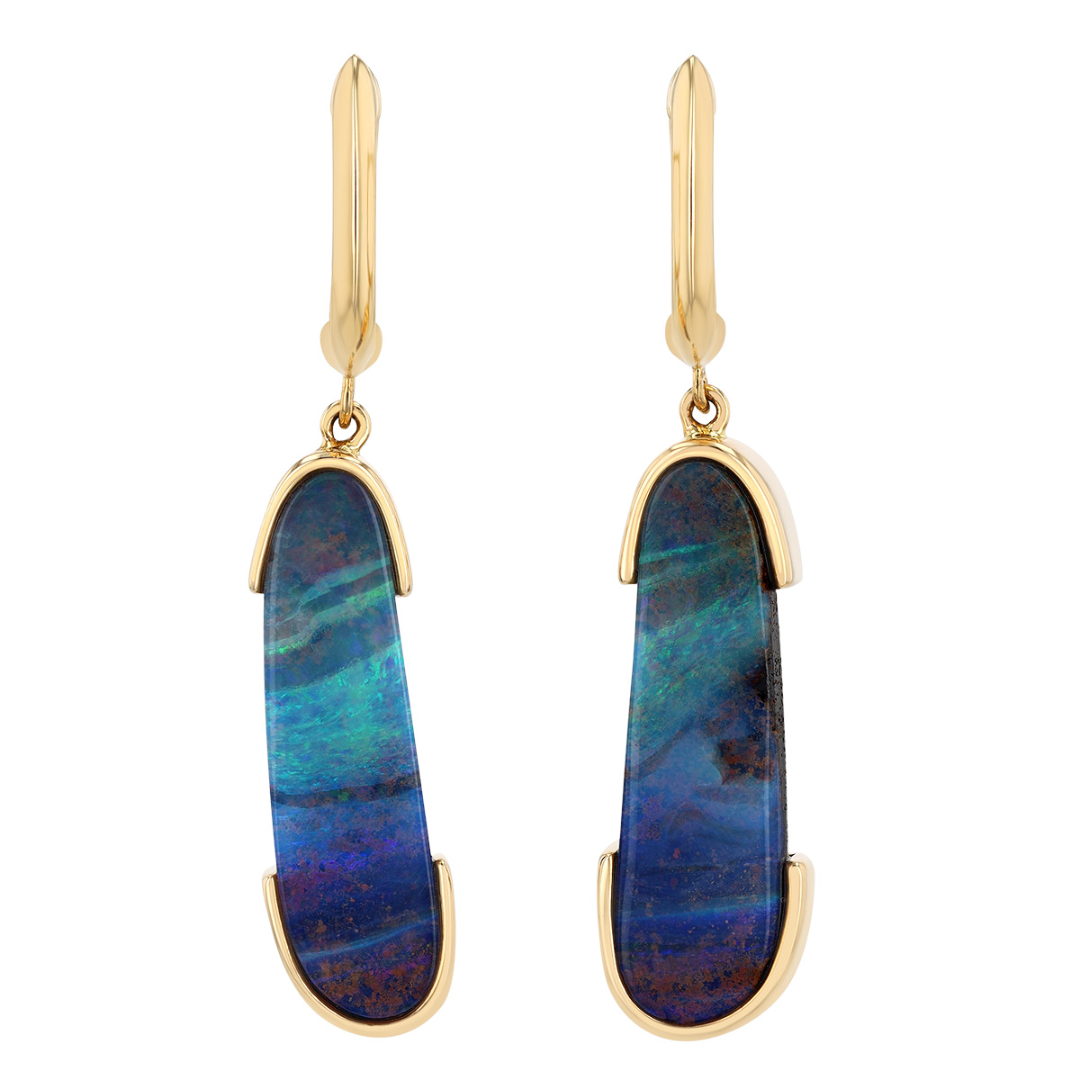 Boulder Opal Split Bezel Dangle Hoop Earrings in Yellow Gold