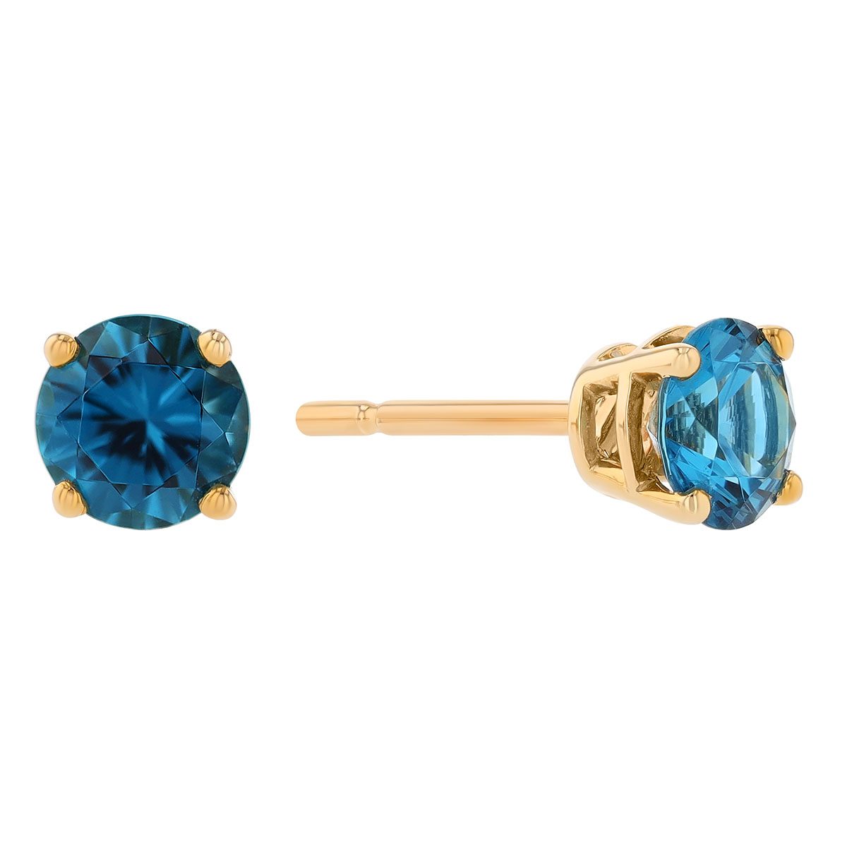 Round London Blue Topaz Stud Earrings in Yellow Gold, 5 mm