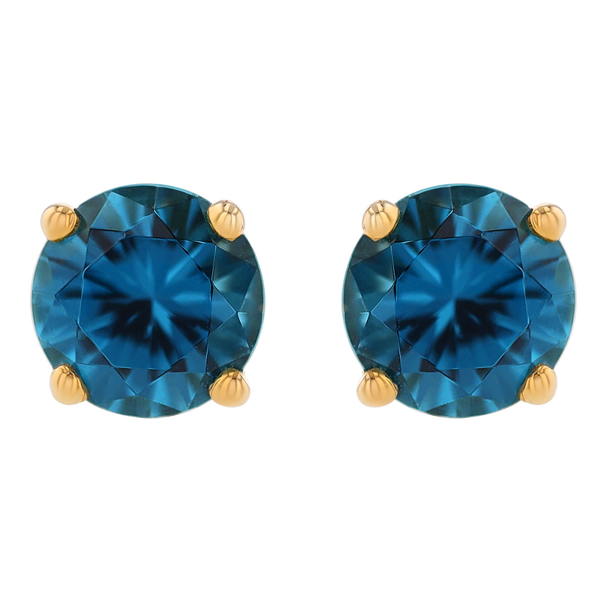Round London Blue Topaz Stud Earrings in Yellow Gold, 5 mm