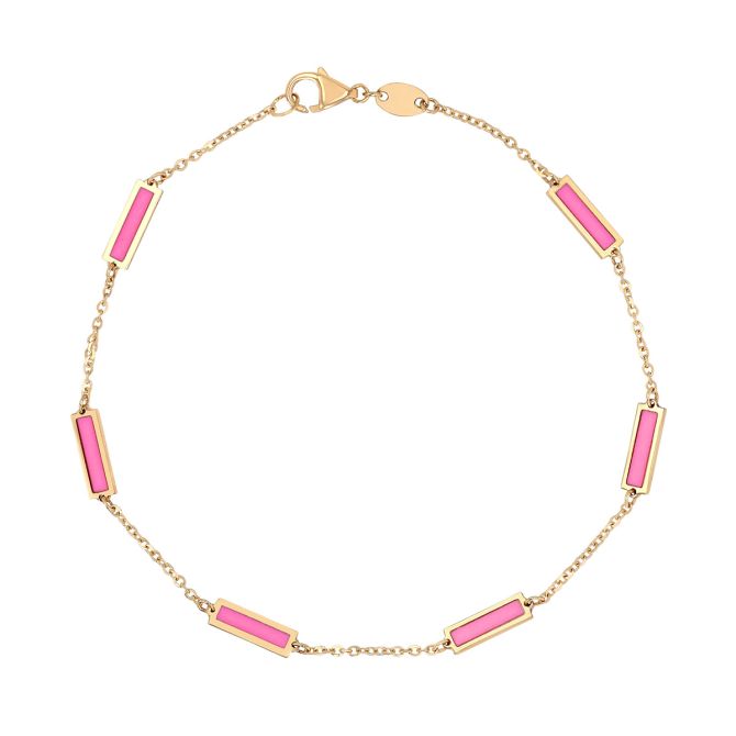 Frederic Sage Pink Enamel Bar Station Bracelet in Yellow Gold, 7"