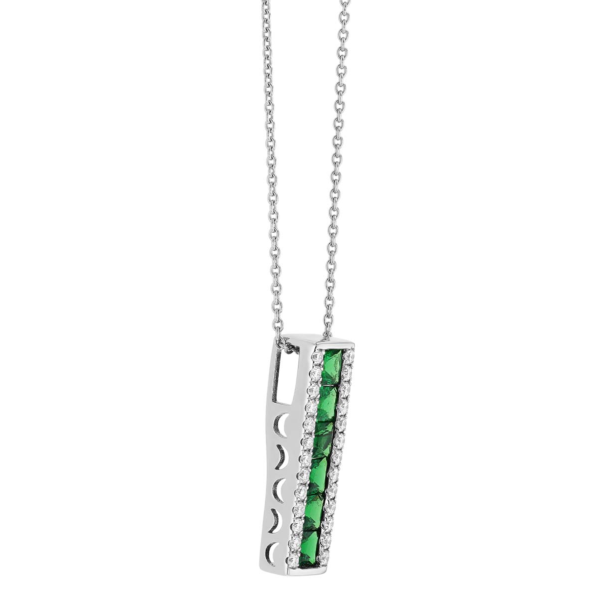 Princess Cut Tsavorite Garnet & Diamond Channel Set Vertical Bar Pendant in White Gold