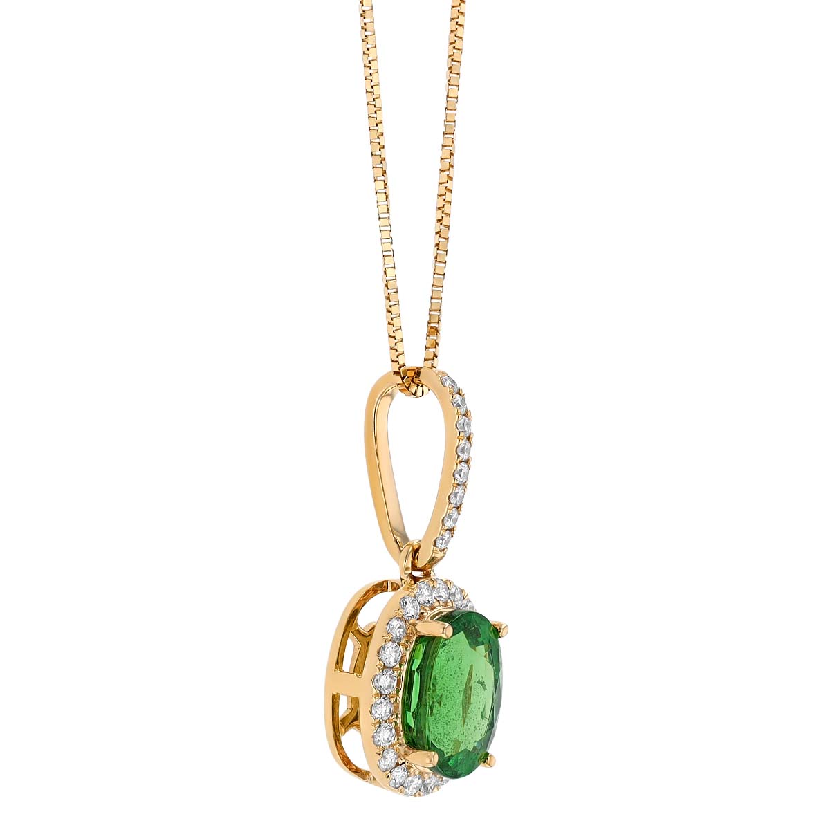 Oval Tsavorite Garnet & Diamond Halo Pendant in Yellow Gold