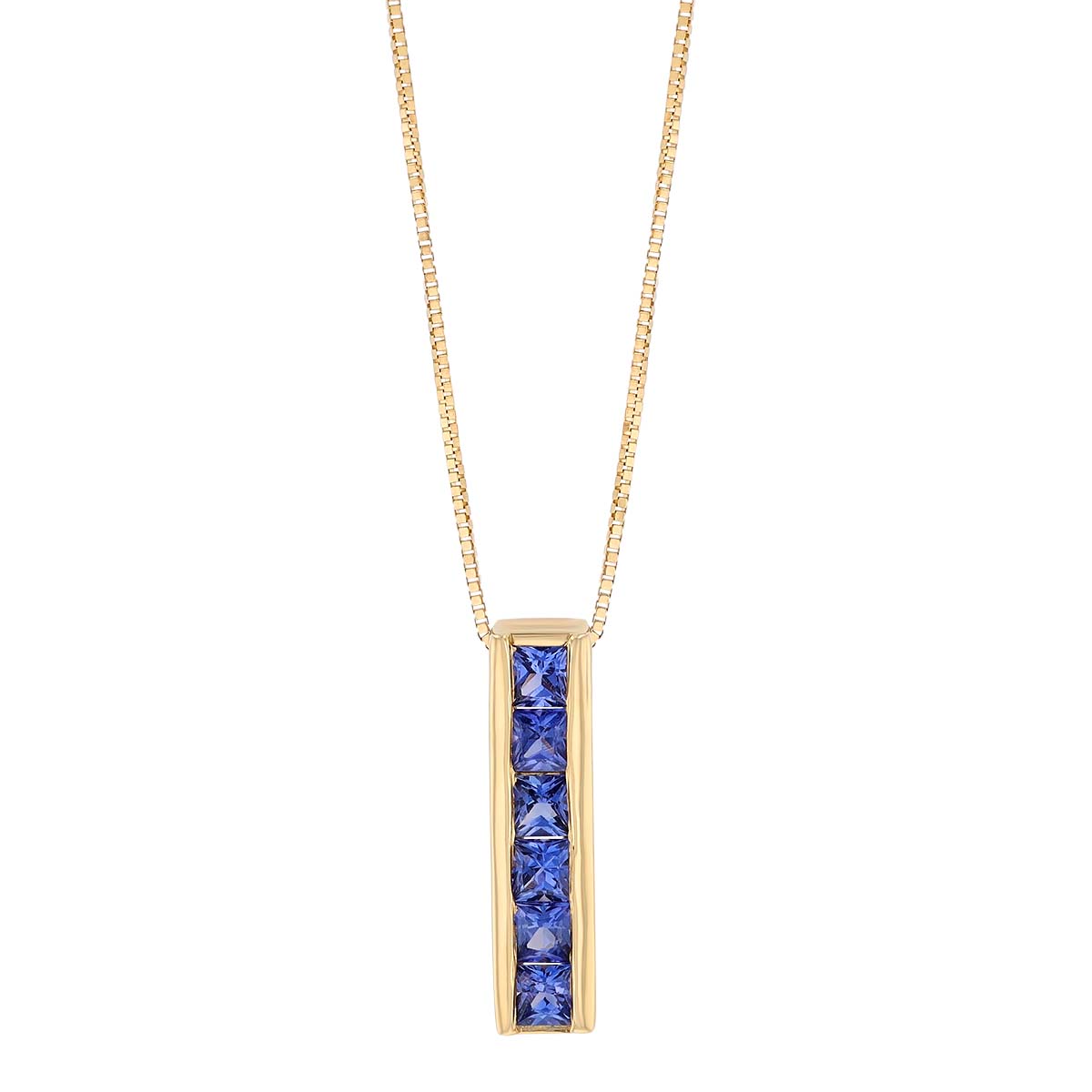 Princess Cut Purple Sapphire Channel Set Vertical Bar Pendant in Yellow Gold