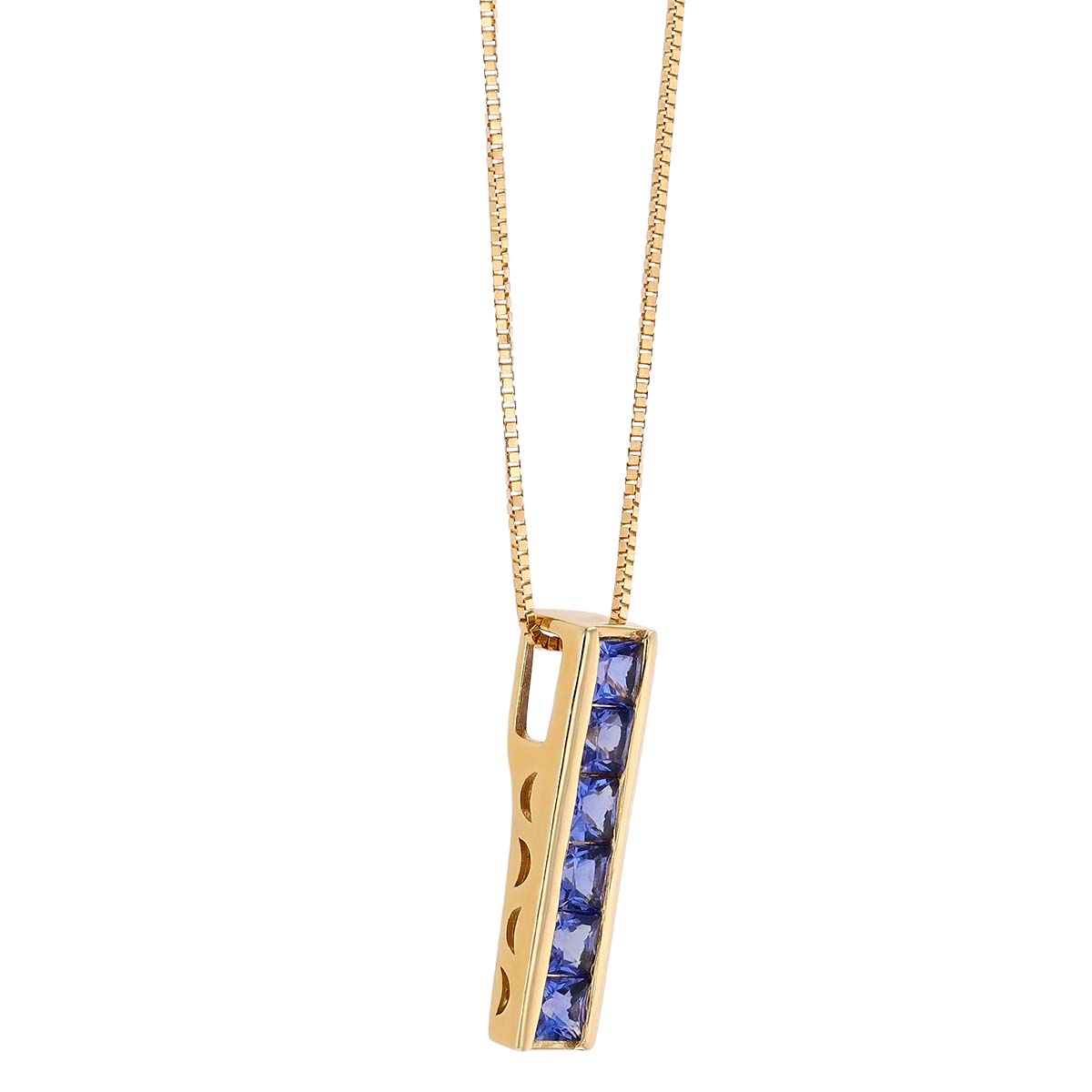Princess Cut Purple Sapphire Channel Set Vertical Bar Pendant in Yellow Gold