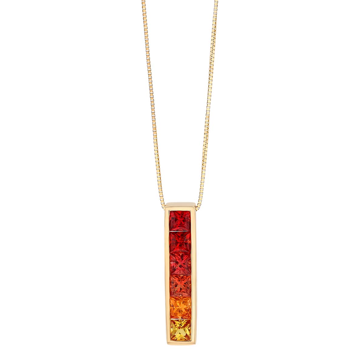 Warm Multicolored Princess Cut Sapphire Channel Set Vertical Bar Pendant in Yellow Gold