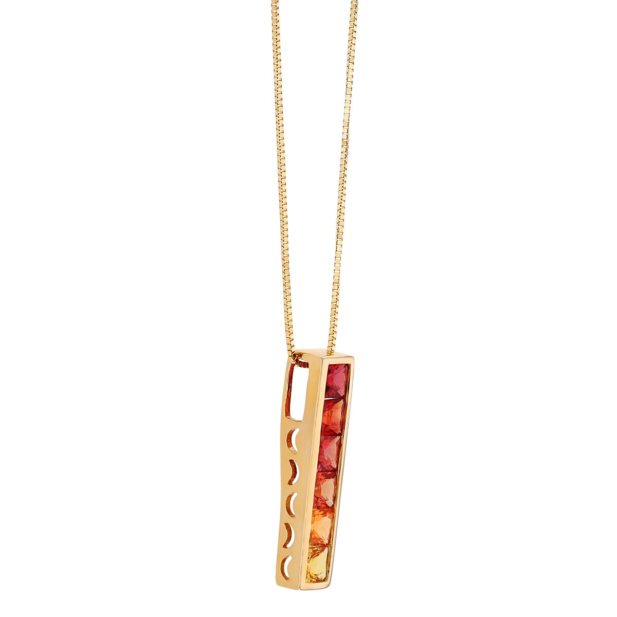 Warm Multicolored Princess Cut Sapphire Channel Set Vertical Bar Pendant in Yellow Gold