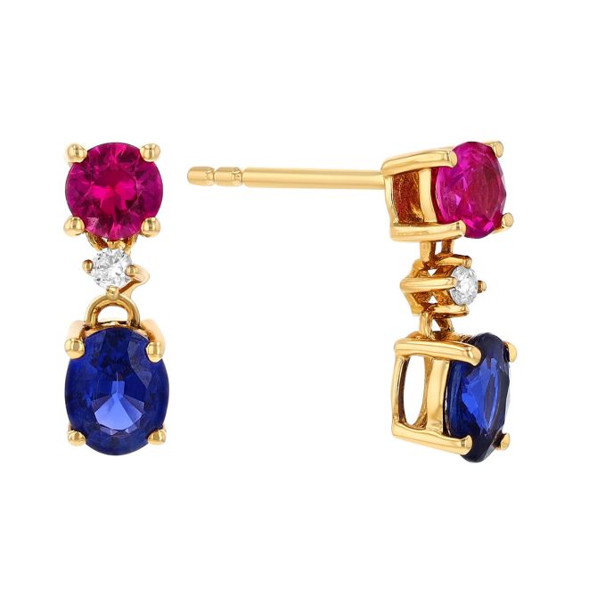 Multicolored Sapphire & Diamond 3 Stone Dangle Earrings in Yellow Gold