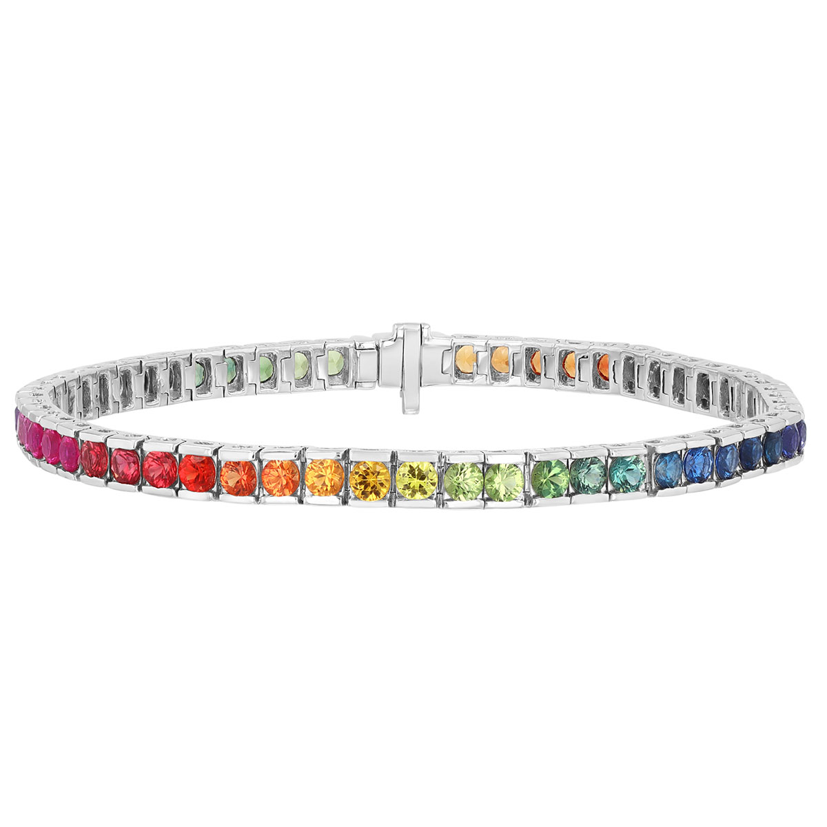 Multicolored Rainbow Sapphire Bar Set Tennis Bracelet in White Gold, 7.75
