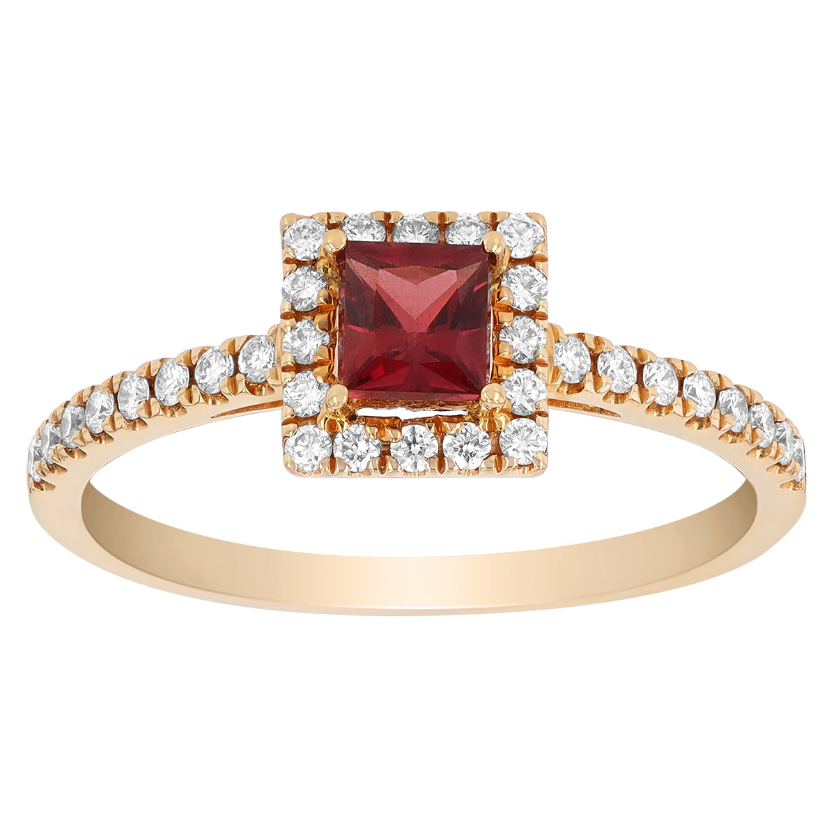 Princess Cut Ruby & Diamond Halo Ring in Yellow Gold