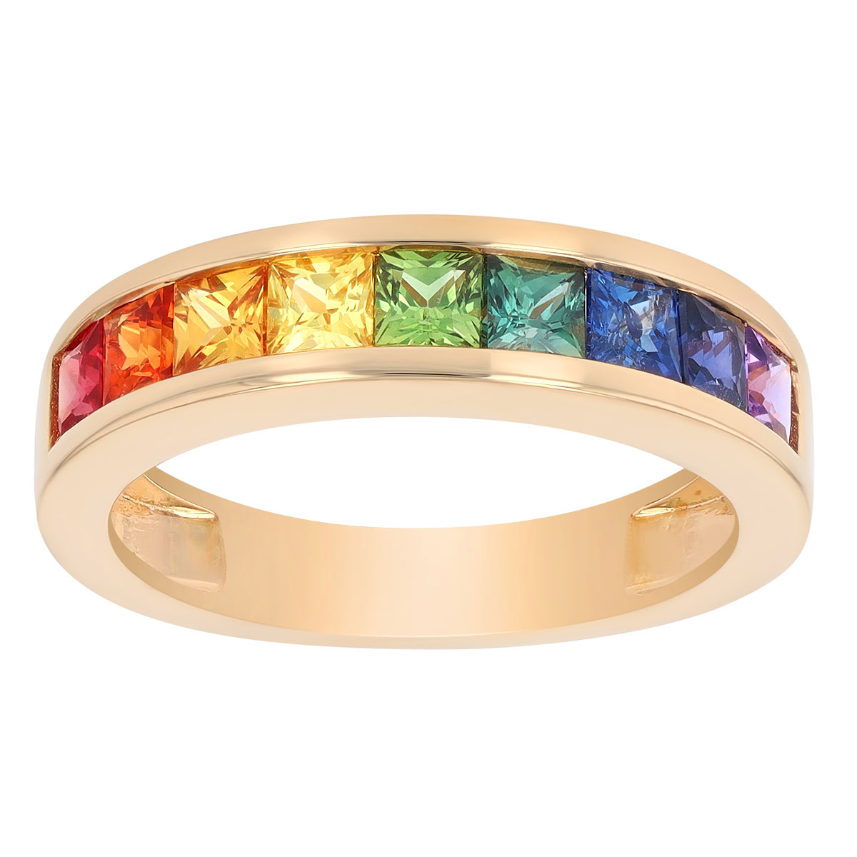 Princess Cut Rainbow Sapphire Channel Set Ring in Yellow Gold