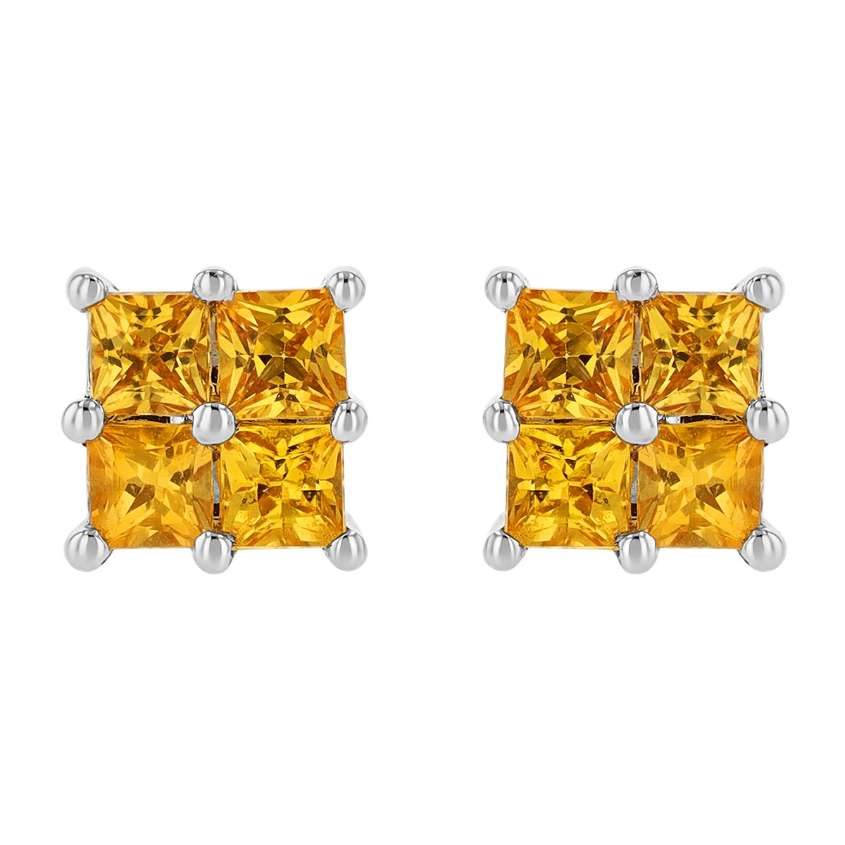 Yellow Sapphire 4 Stone Square Stud Earrings in White Gold