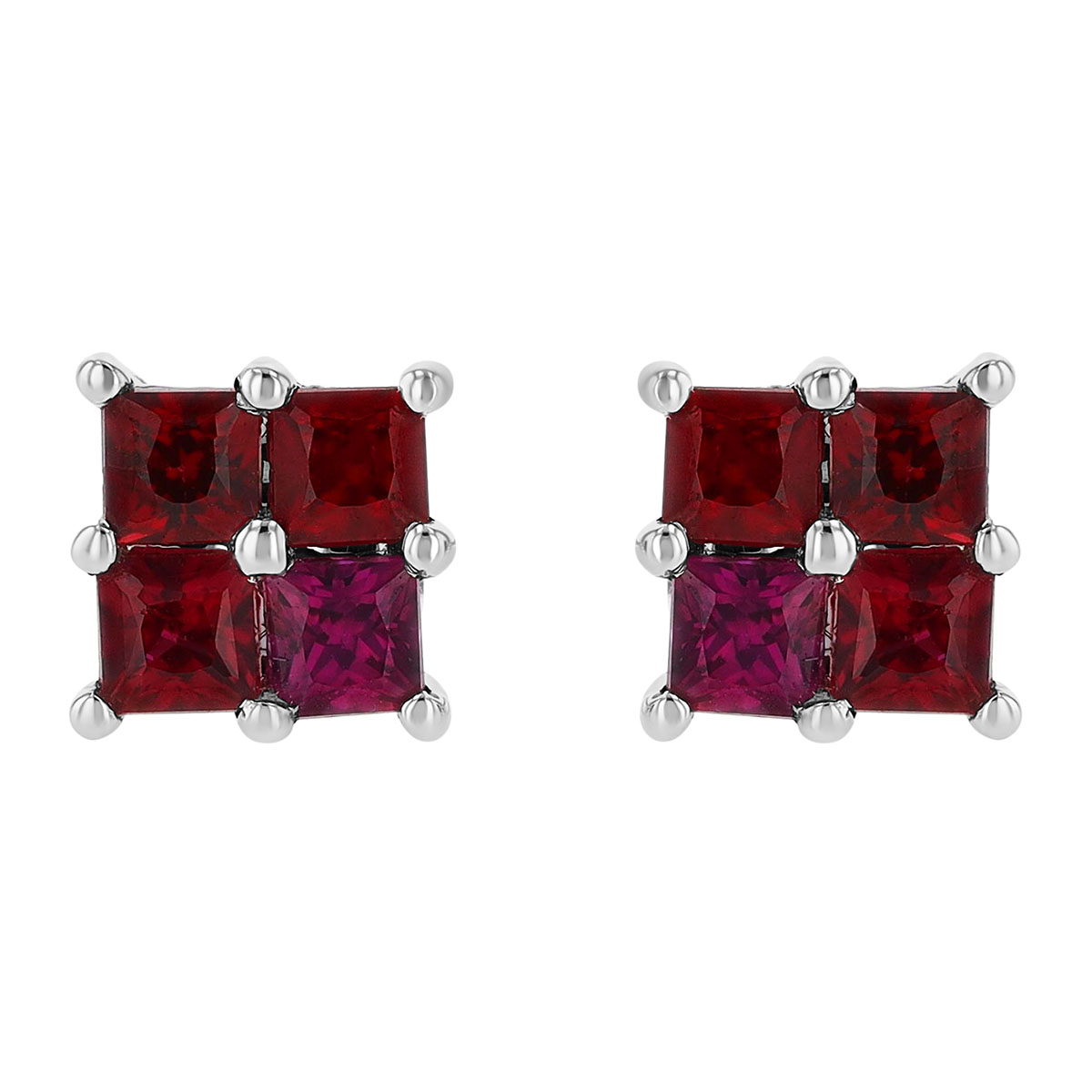 Ruby 4 Stone Square Stud Earrings in White Gold