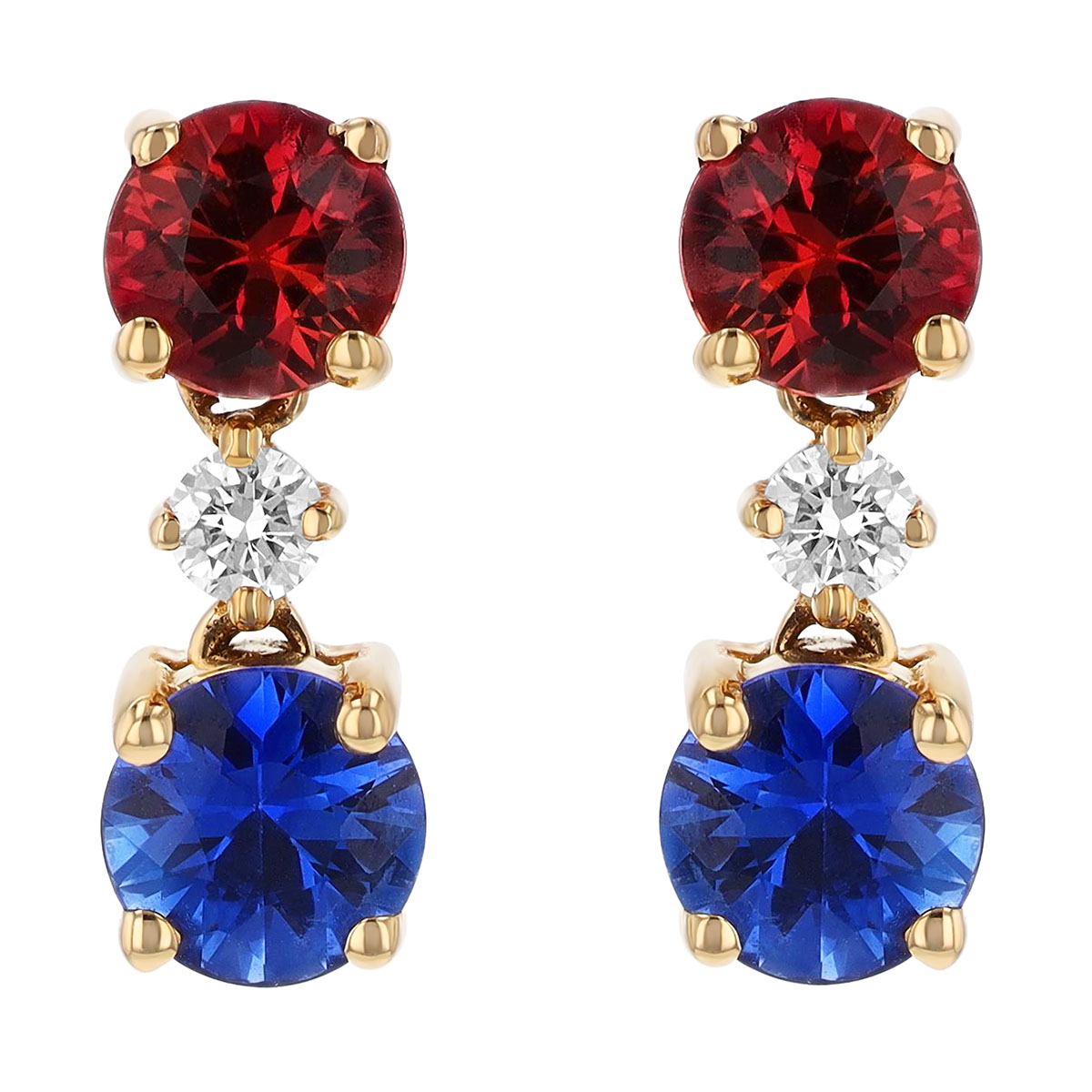 Round Ruby, Sapphire and Diamond 3 Stone Drop Earrings in Yellow Gold
