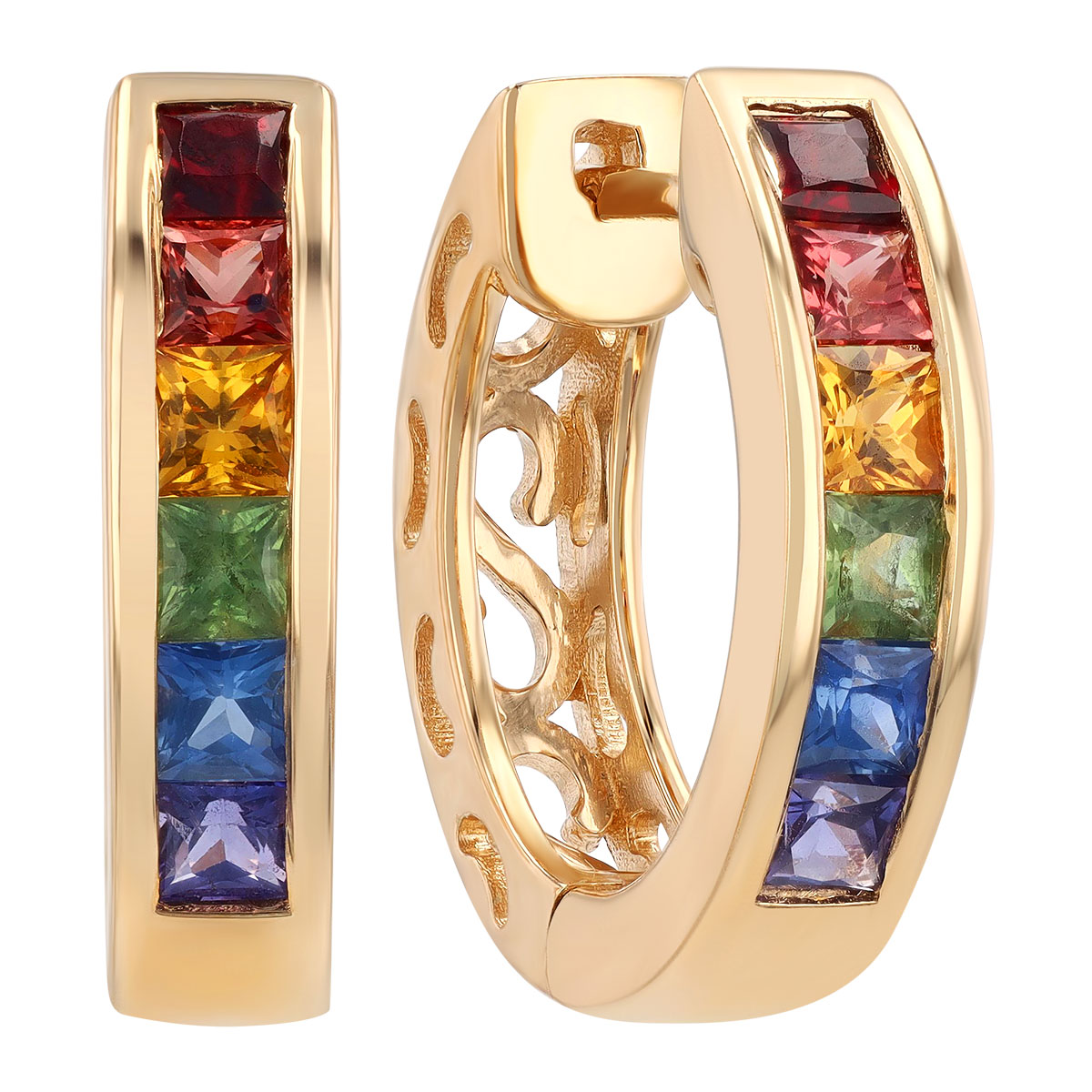 Princess Cut Rainbow Sapphire Channel Set Huggie Hoop Earrings in Yellow Gold