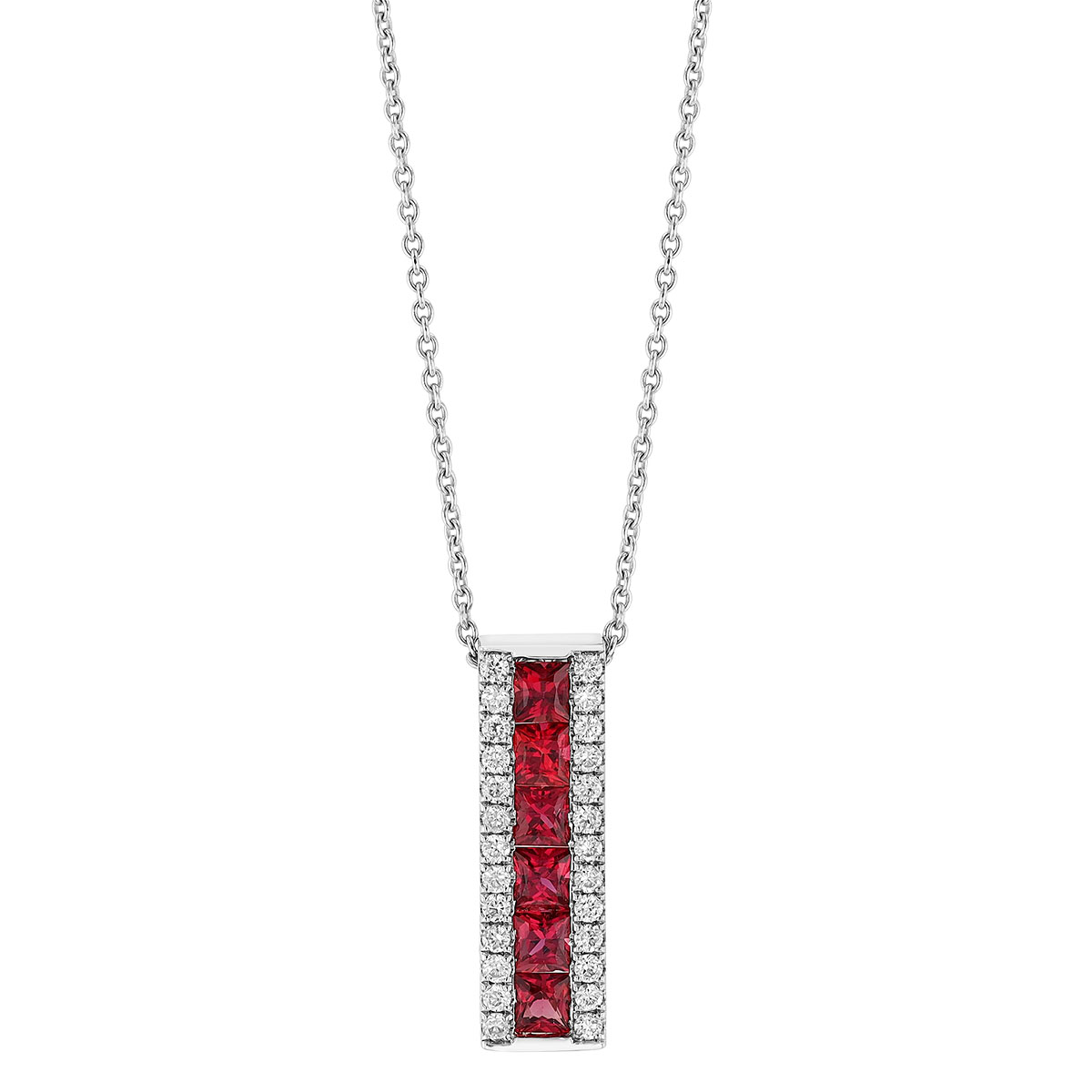 Princess Cut Ruby & Diamond 3 Row Vertical Bar Pendant in White Gold