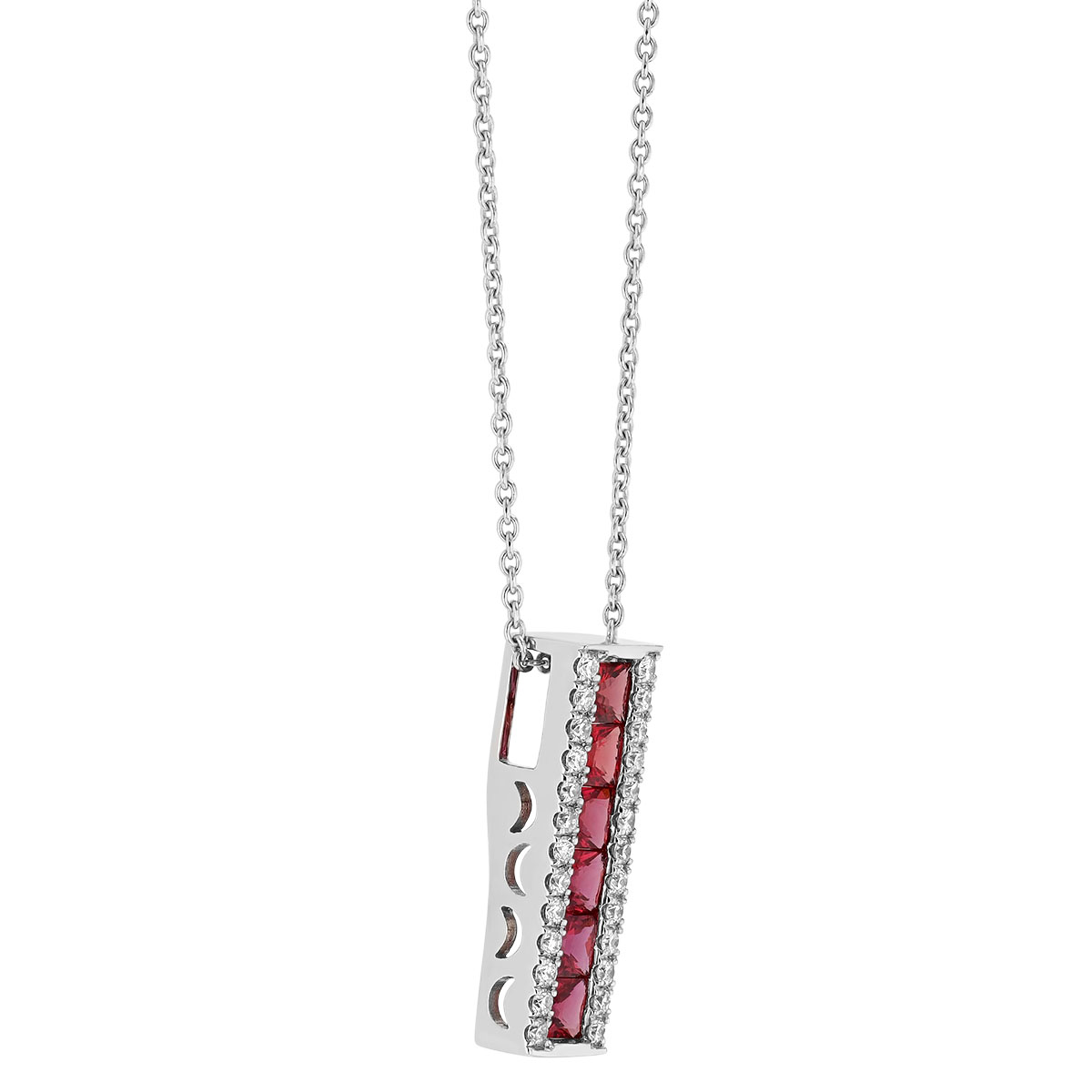 Princess Cut Ruby & Diamond 3 Row Vertical Bar Pendant in White Gold
