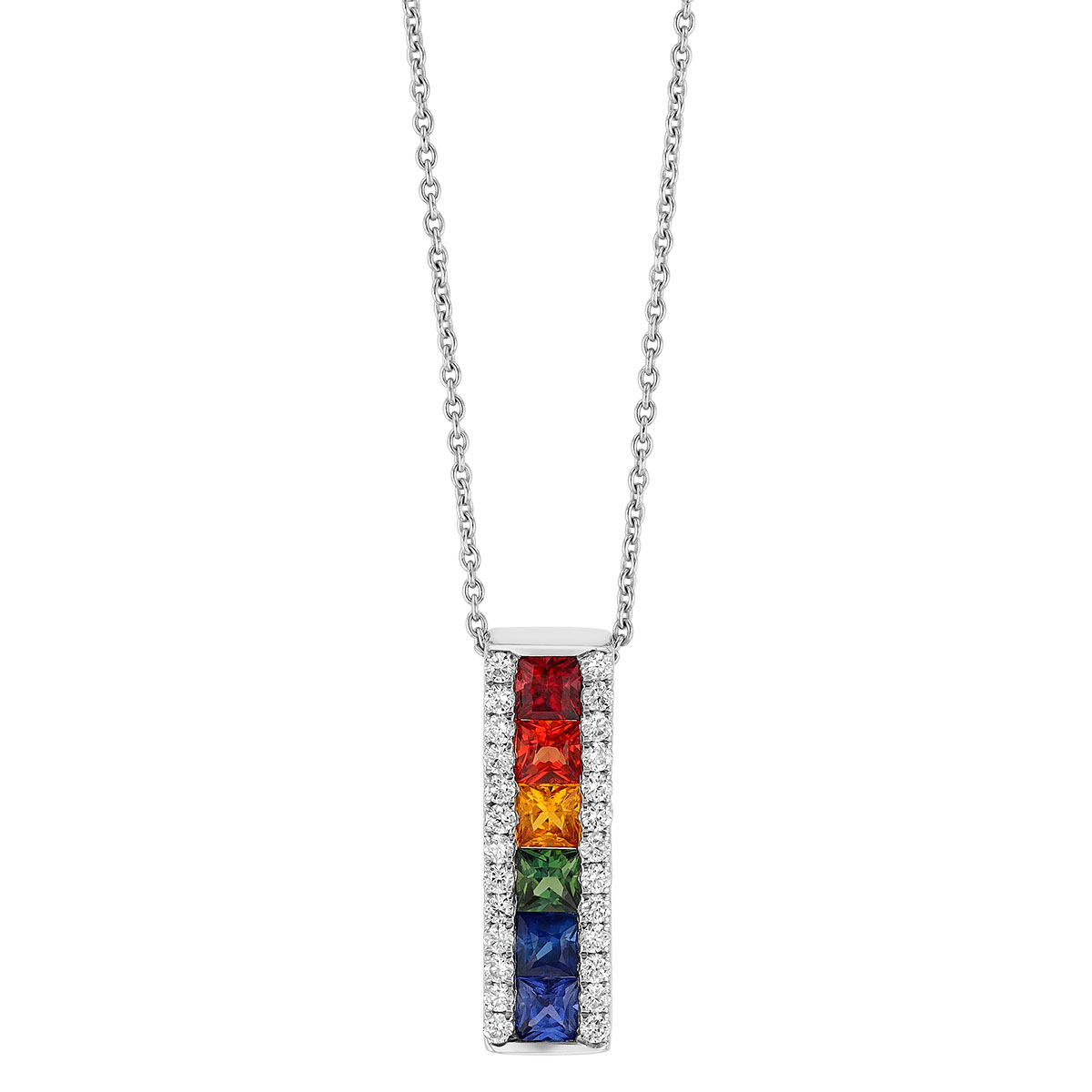 Princess Cut Multicolored Rainbow Sapphire & Diamond 3 Row Vertical Bar Pendant in White Gold