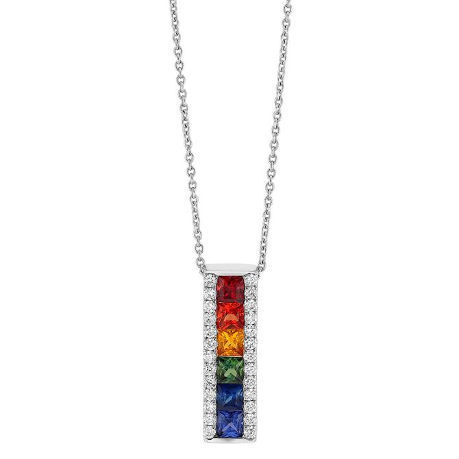 Princess Cut Multicolored Rainbow Sapphire & Diamond 3 Row Vertical Bar Pendant in White Gold