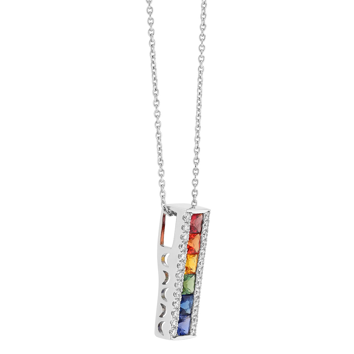 Princess Cut Multicolored Rainbow Sapphire & Diamond 3 Row Vertical Bar Pendant in White Gold