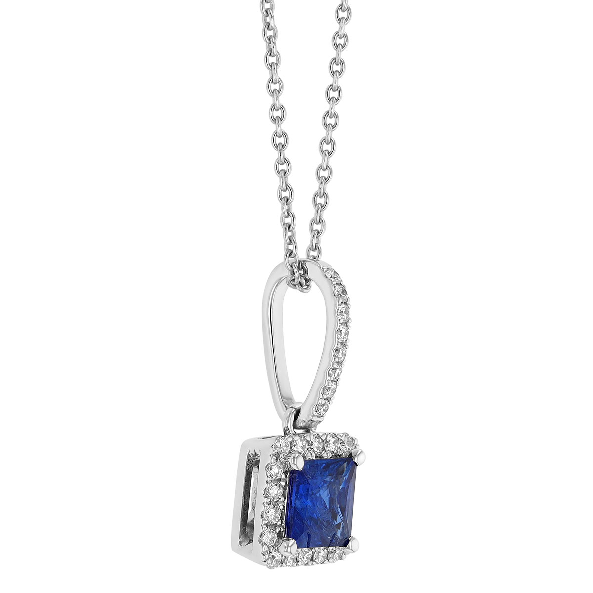 Princess Cut Blue Sapphire & Diamond Halo Pendant in White Gold