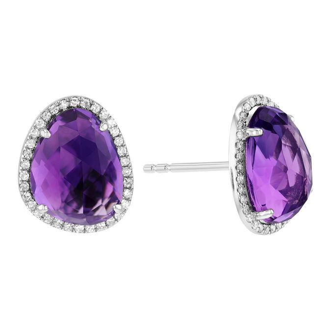 Amethyst & Diamond Halo Stud Earrings in White Gold