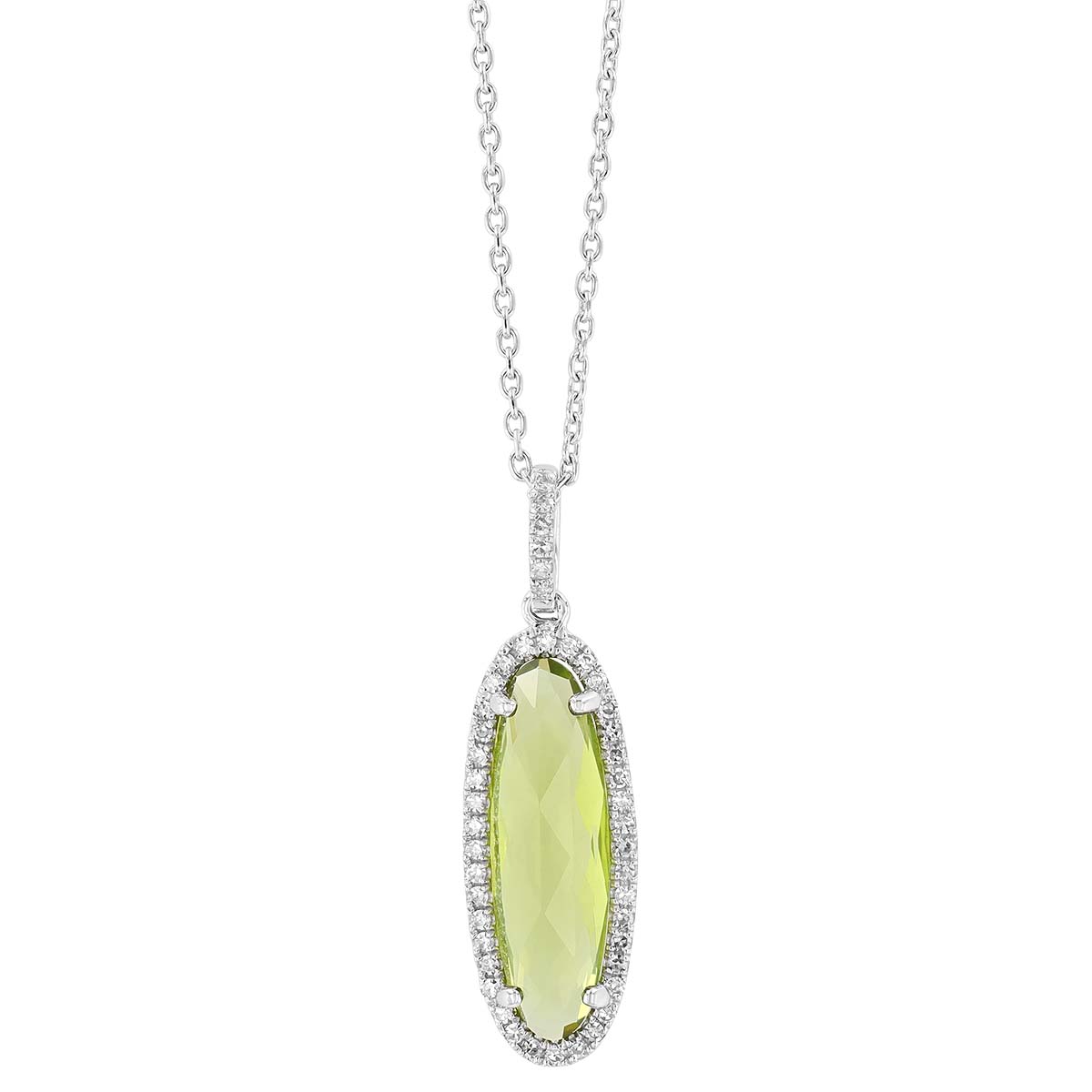 Elongated Oval Peridot & Diamond Halo Pendant in White Gold