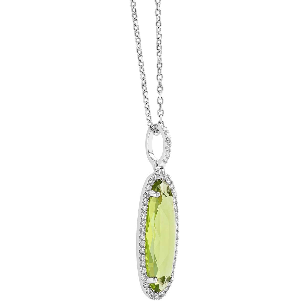 Elongated Oval Peridot & Diamond Halo Pendant in White Gold