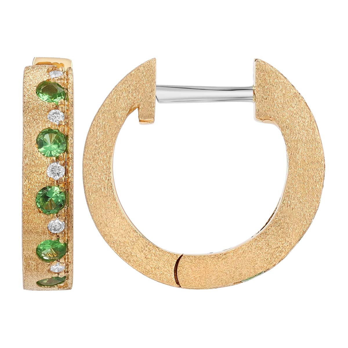 Tsavorite Garnet & Diamond Alternating Huggie Hoop Earrings in Yellow Gold