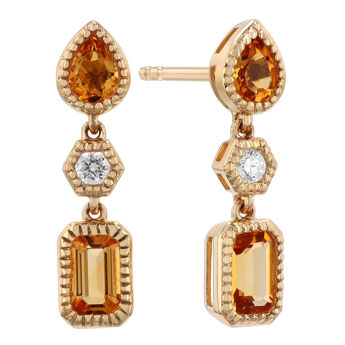 Mixed Shape Citrine & Diamond Dangle Earrings in Yellow Gold