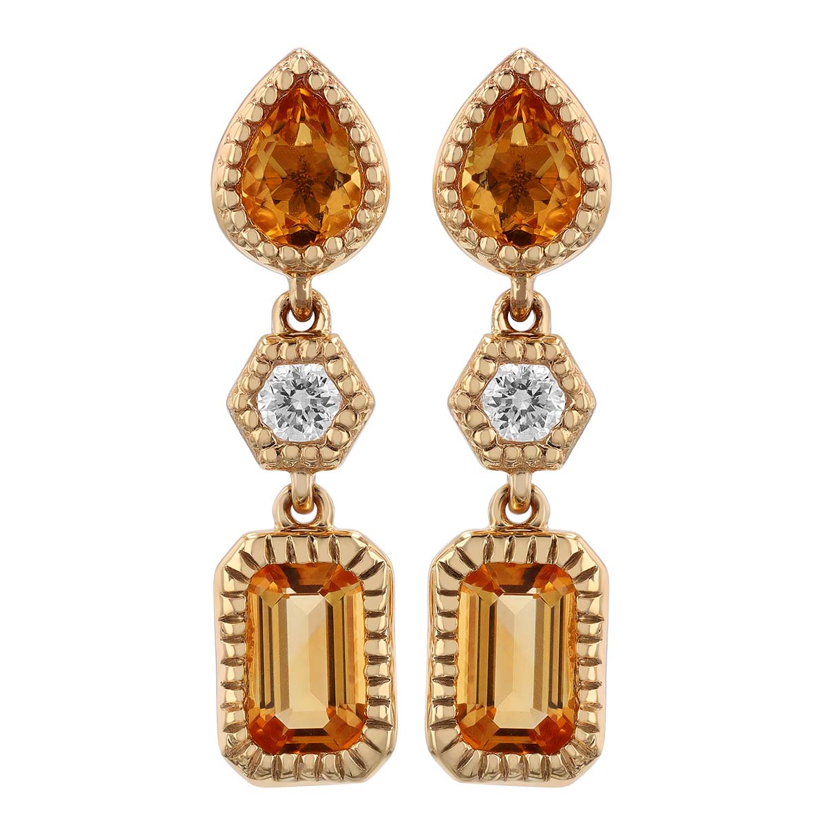 Mixed Shape Citrine & Diamond Dangle Earrings in Yellow Gold