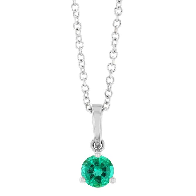Round Emerald Solitaire Pendant in White Gold, 18"