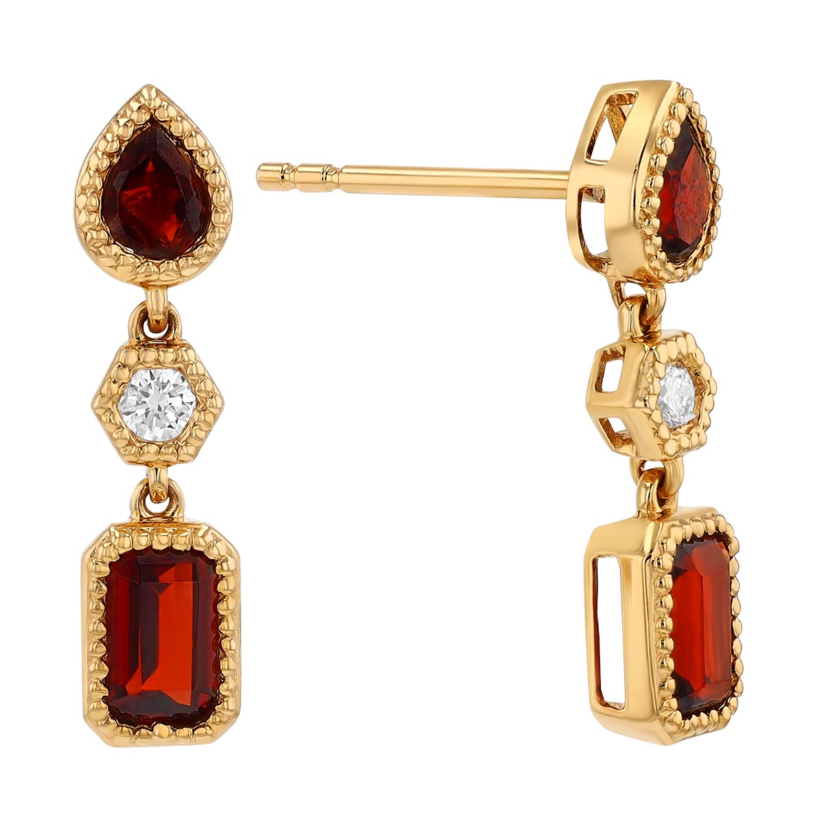 Garnet & Diamond 3 Stone Dangle Earrings in Yellow Gold