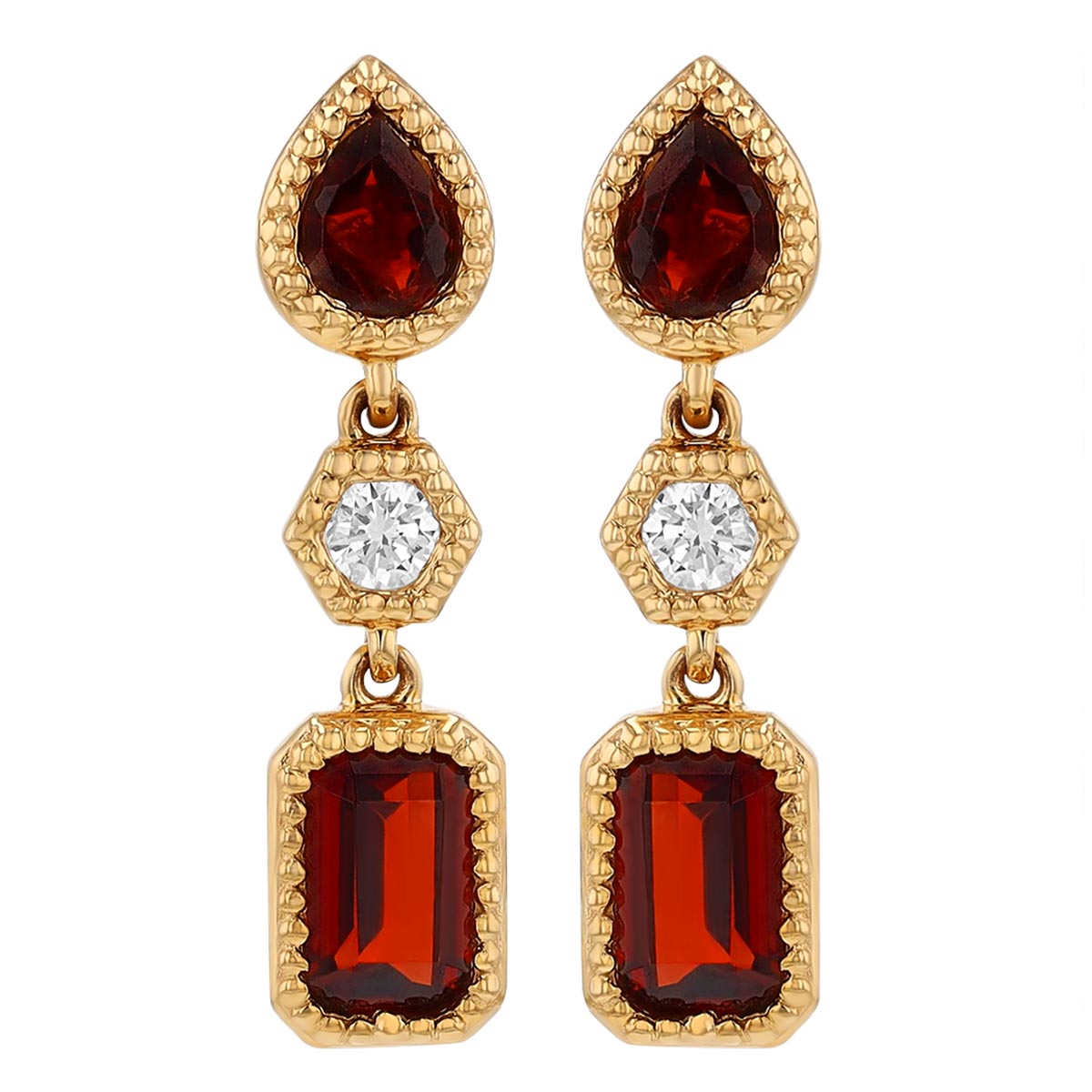 Garnet & Diamond 3 Stone Dangle Earrings in Yellow Gold