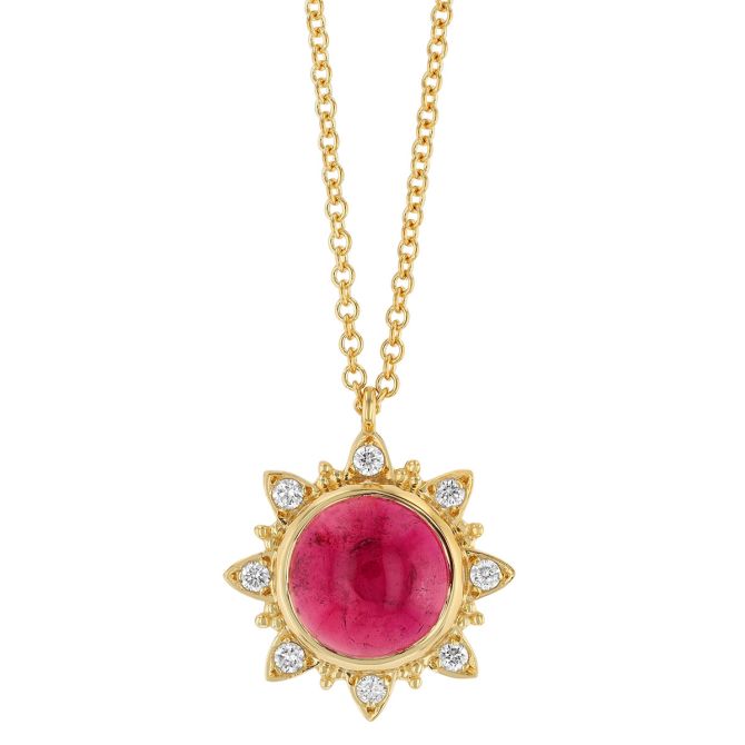 Marika Round Pink Tourmaline & Diamond Flower Halo Pendant in Yellow Gold, 18"