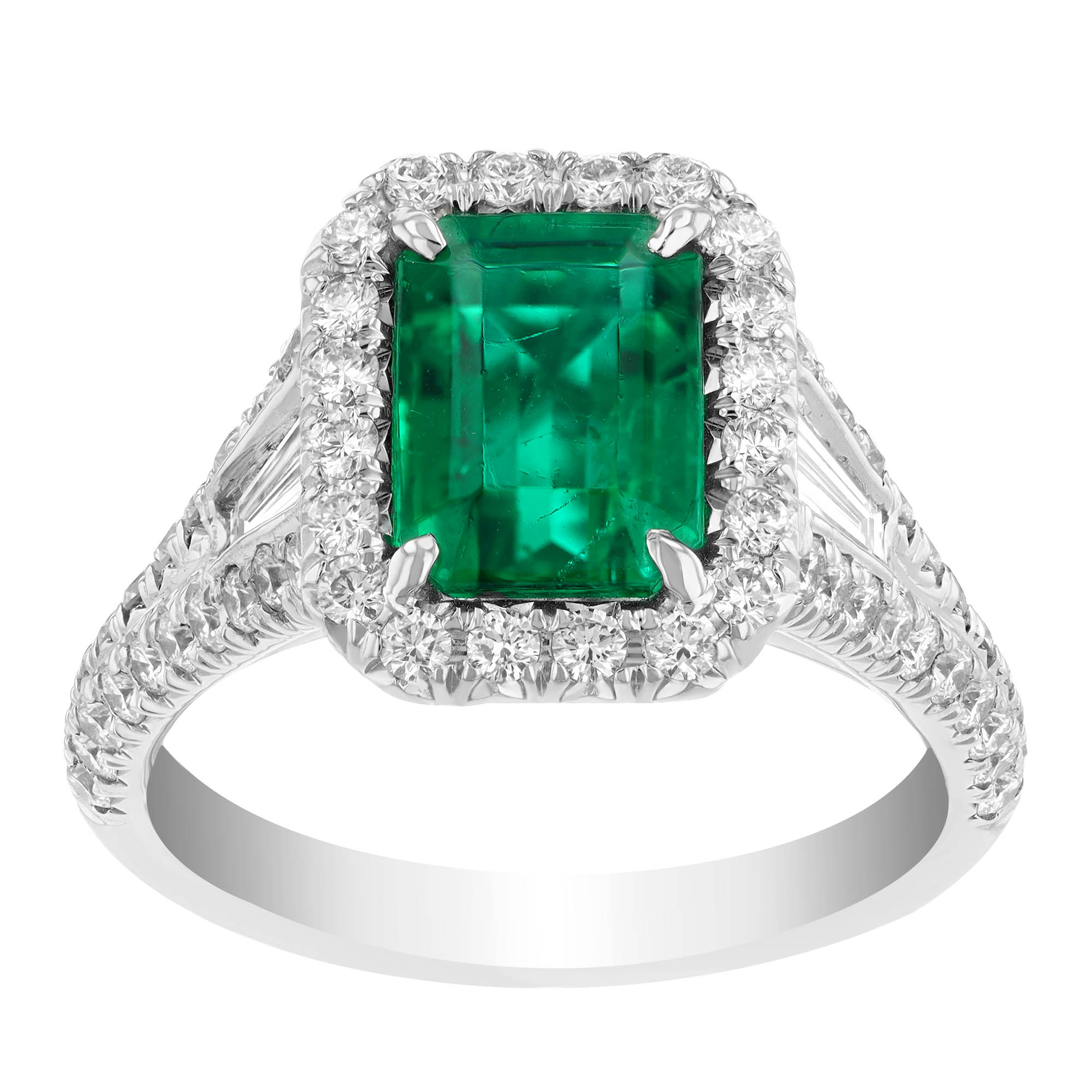 J.B. Star Emerald Cut Emerald & Diamond Halo Ring in Platinum