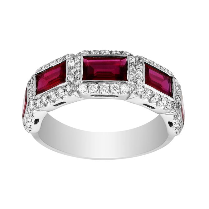 J.B. Star Emerald Cut Ruby & Diamond Halo Ring in Platinum