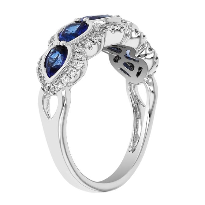Oval & Pear Shape Sapphire & Scalloped Diamond Edge Ring in White Gold