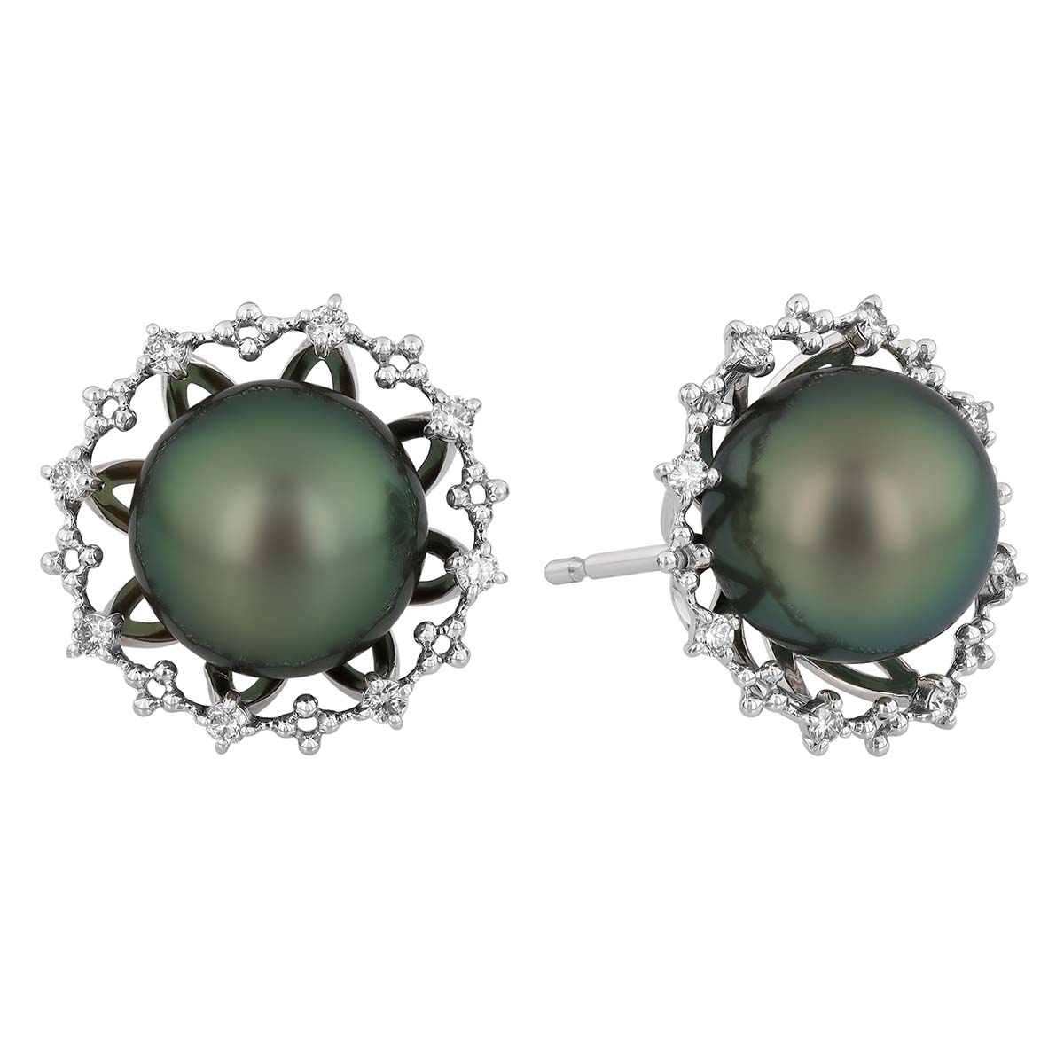 TARA Pearls Tahitian South Sea Cultured Pearl & Diamond Beaded Halo Stud Earrings in White Gold