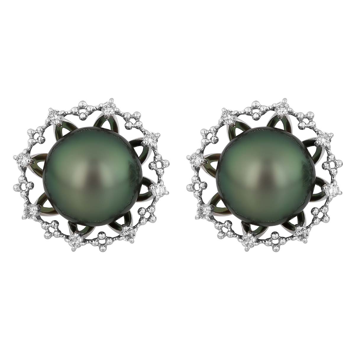 TARA Pearls Tahitian South Sea Cultured Pearl & Diamond Beaded Halo Stud Earrings in White Gold