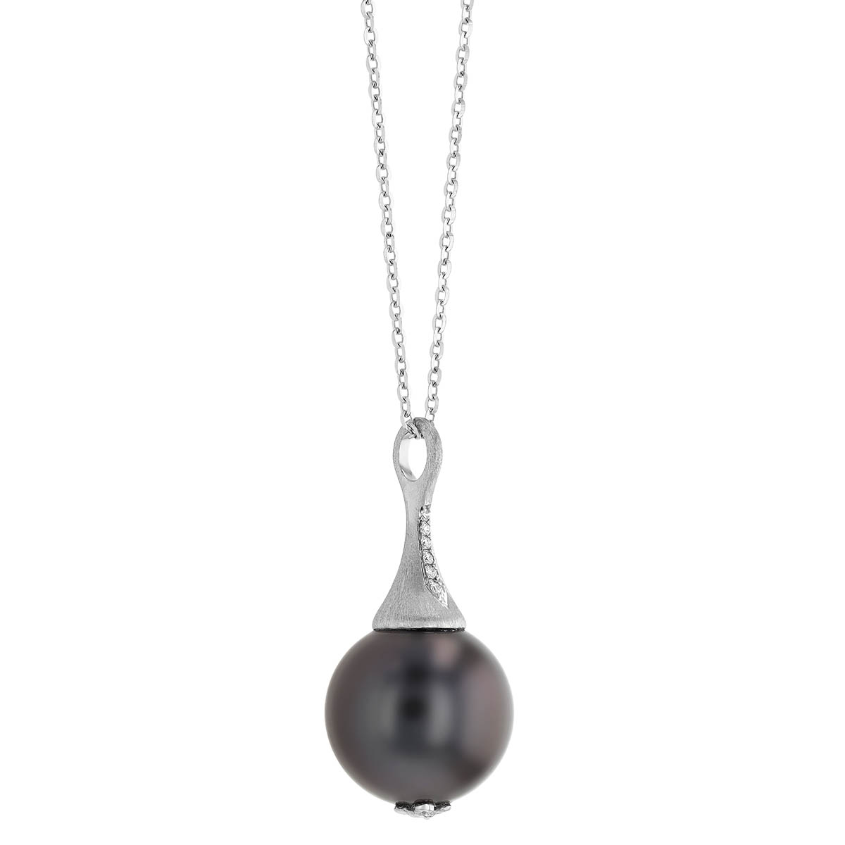 TARA Pearls Black Tahitian South Sea Cultured Pearl Pendant with Diamond Bail in Satin White Gold, 1