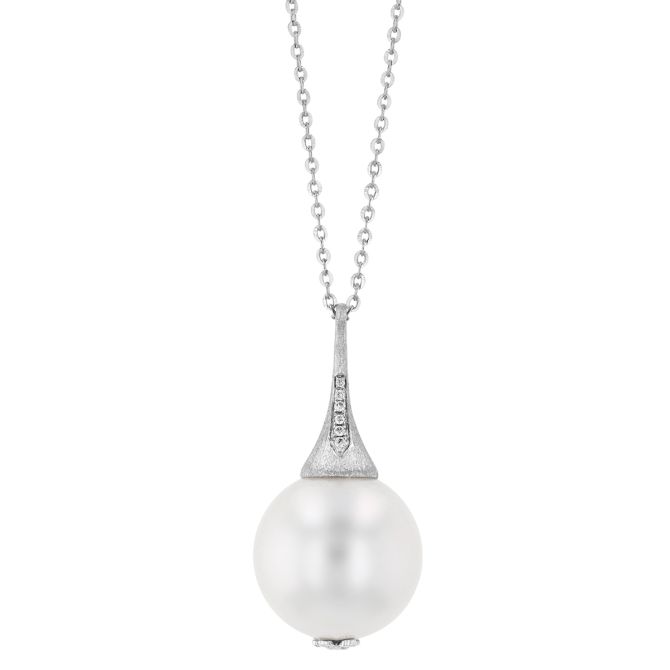 TARA Pearls White Cultured Pearl Pendant with Diamond Accents in White Gold, 18", 15-16 mm