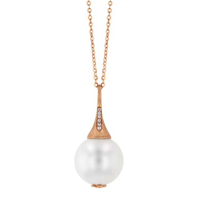 TARA Pearls White Cultured Pearl Pendant with Diamond Accents in Rose Gold, 18", 14-15 mm