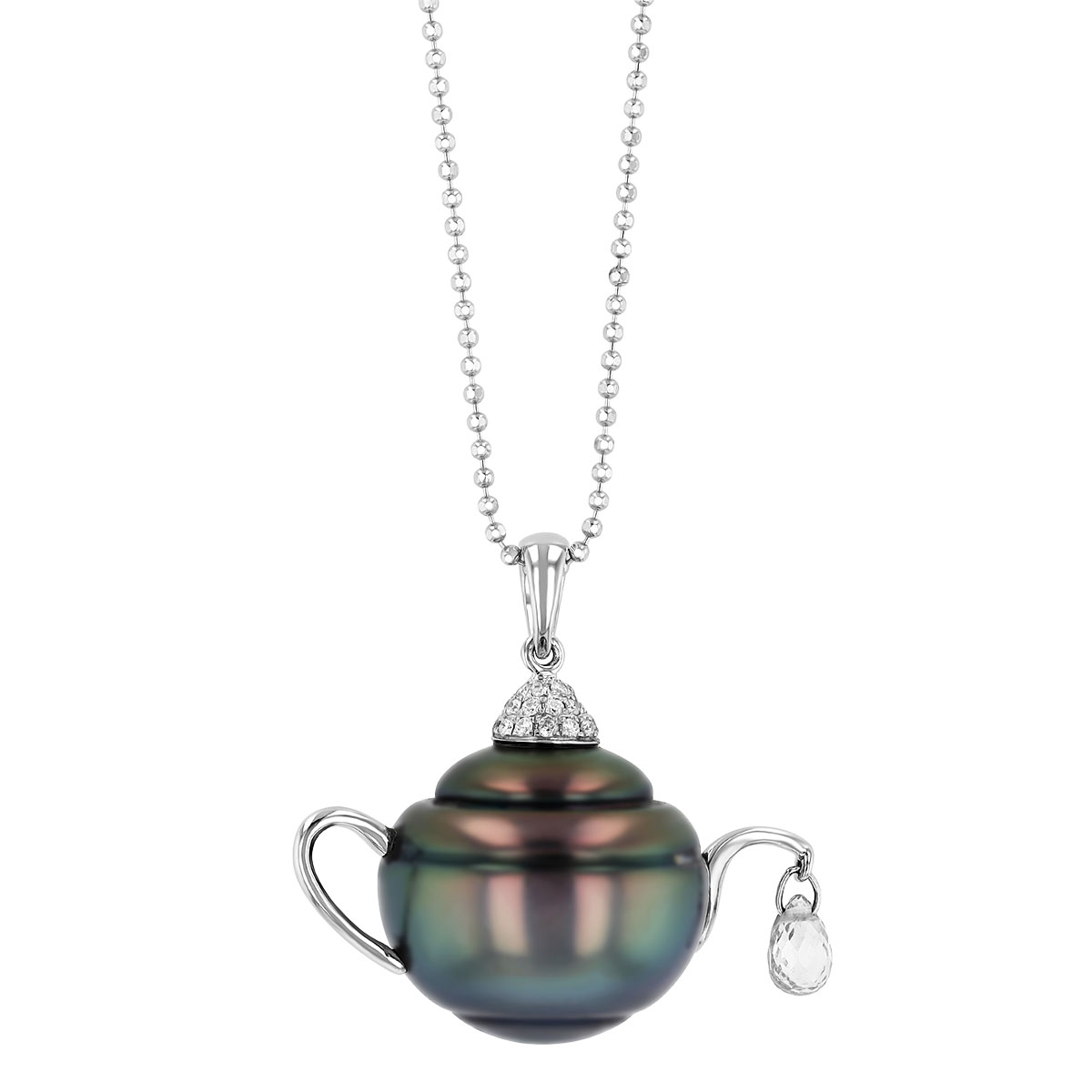TARA Pearls Tahitian South Sea Cultured Pearl, White Sapphire & Diamond Teapot Pendant in White Gold