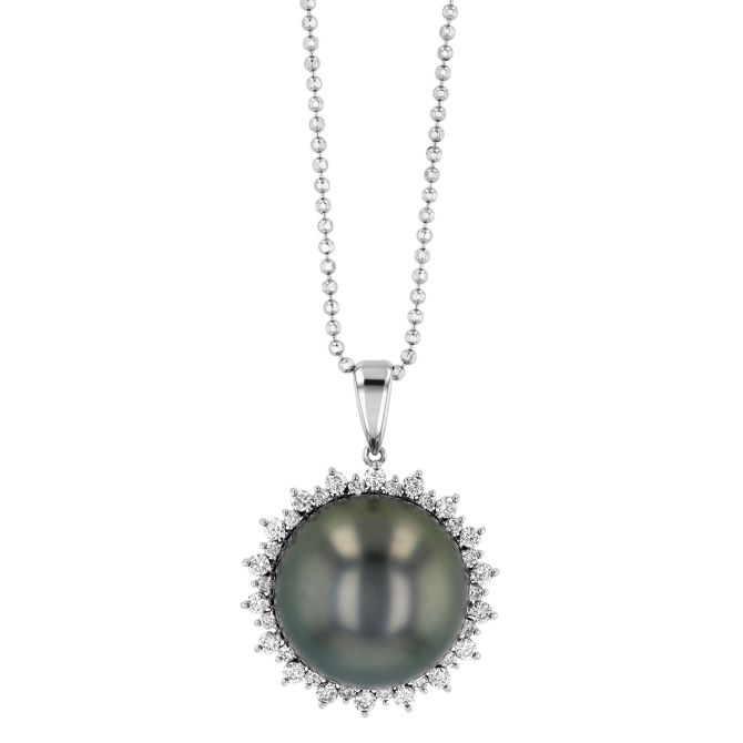 TARA Pearls Tahitian South Sea Cultured Pearl & Diamond Scalloped Halo Pendant in White Gold, 18"