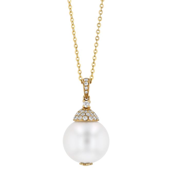TARA Pearls White South Sea Cultured Pearl & Diamond Bail Pendant in Yellow Gold, 18", 14-15 mm