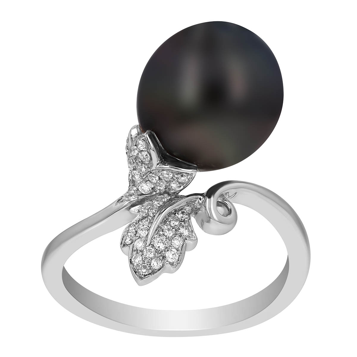 TARA Pearls Tahitian South Sea Cultured Pearl & Diamond Leaf Bypass Ring in White Gold